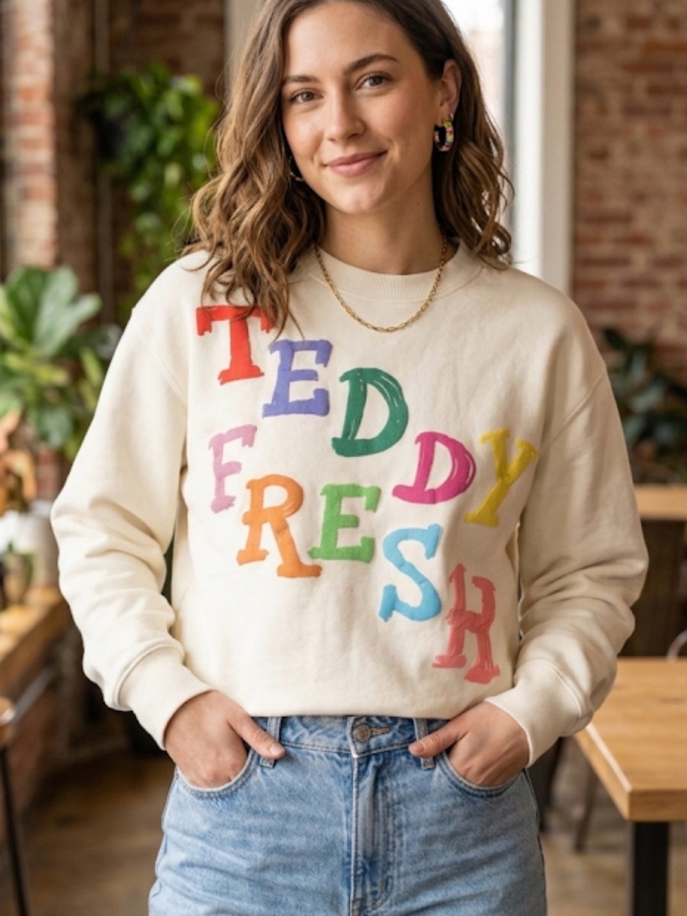 Teddy Fresh Multicolor Graphic Sweater Unisex Size S runs large.